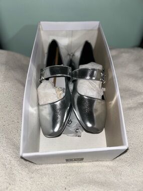 Metallic Silver Mary Jane Flats with Buckle Strap